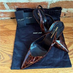 YSL Yves Saint Laurent Tortoise Shell Patent Leather Slingback Pump